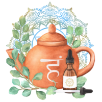 Terracotta teapot and glass vial with essential oil. Eucalyptus twigs. An elegant golden blue mandala with throat chakra vishuddha. Hand-drawn illustration for advertising leaflets, package png