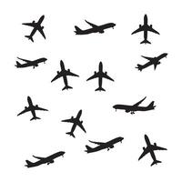 Collection of airplane silhouettes in various flight positions isolated on white background silhouette vector