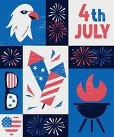 4th of July vertical geometric poster in retro style with symbols of USA Independence day. Illustration in red, white, blue colors with fireworks, balloons, and United States flag vector