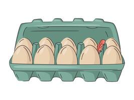 Ten fresh chicken eggs raw in a green cardboard box on white background. Healthy eating or farm fresh concept, protein. Bright and clean design, minimal illustration vector