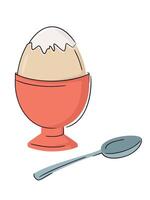 Boiled egg served in a simple red cup with spoon. Protein breakfast. Fresh chicken egg, healthy eating or farm freshness concept. Bright and clean design, minimal illustration vector