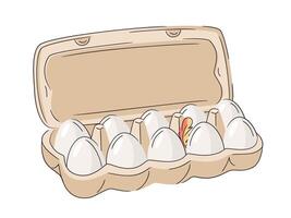 Ten fresh chicken eggs raw in a cardboard box on white background. Healthy eating or farm fresh concept, protein. Bright and clean design, minimal illustration vector