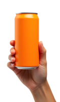 Hand holds bright orange can, refreshing beverage container. Perfect thirst quencher png