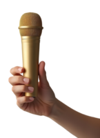 Golden microphone held in hand for an exciting performance, symbolizing success png