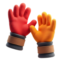 Two fuzzy gloves in red and orange perform joyful high five gesture png