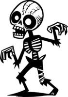 A cartoon skeleton with a black and white background vector