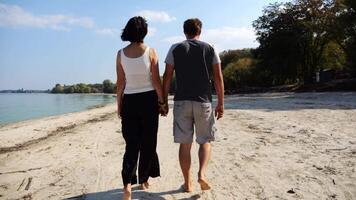 Romantic couple holding hands each other and walking at coastline. Happy pair going along seashore at sunny day. Lovers spending time together at resort. Concept of vacation or holiday. Slow motion video