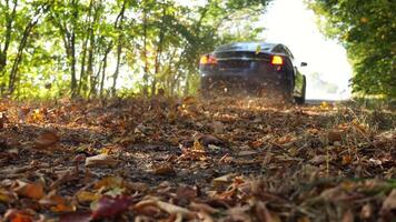 Black electric sedan driving fast along an empty road on yellow leaves. Powerful electrical car crossing through alley. Colorful autumn foliage flying out from under wheel of auto. Low view video