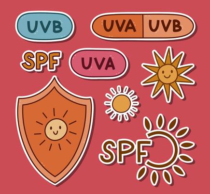 Lovely vivid outline sticker sheet with SPF protection symbols for planners, notebook, diary. Ready for print list of hand drawn stickers with shield with sun, bubbles with UVA and UVB for sunblock