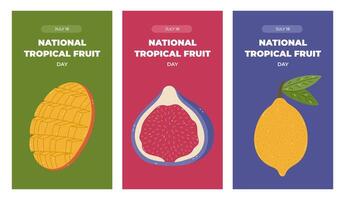 Vertical vibrant set of stories for National Tropical Fruit Day with colorful cartoon clipart of cut mango, piece of fig, lemon on stem. Greeting concept banner for social media, poster, template. vector