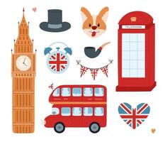 Lovely cartoon Great Britain set with national landmarks, cultural symbols of England. Funny hand drawn double decker bus for sightseeing, public call box, Big Ben, corgi dog isolated on background vector