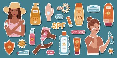 Sunscreen and SPF product illustrations vector