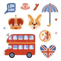 Lovely cartoon England set with popular landmarks, nostalgic symbols of UK. Childish hand drawn touristic double decker bus, umbrella, heart with Union Jack, queen crown isolated on background. vector