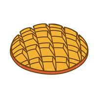 Lovely doodle juicy ripe mango cut in grid pattern. Childish cartoon slice of tropical fruit for tasteful healthy dessert isolated on white background. Summertime food for greeting card, design. vector