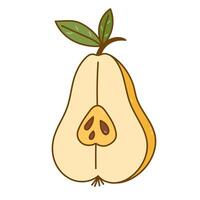 Lovely simple yellow pear cut in half with leaves and seeds. Childish colored doodle of autumn juicy fruit for trendy poster, design, print. Healthy vegan product isolated on white background. vector