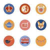 Lovely cartoon round cover icon with Great Britain clipart for different social media, blog, branding. Highlight icon for stories with queen crown, UK flag, red touristic bus, Corgi in vivid colors. vector