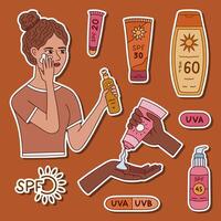 Cartoon doodle sticker list about defense from dangerous ultraviolet rays for planners, notebook, diary. Ready for print hand drawn sticker set with tubes and jars with SPF, women using sunscreen. vector