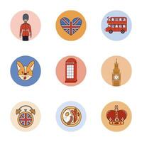 Lovely colourful doodle round cover icon with England clipart for different social media, branding. Highlight icon for story with Union Jack, British guardian, UK flag, bus, call box in pastel colors. vector