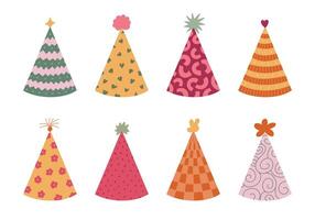 Lovely birthday party hat set with childish simple design pattern, funny pompons above. Hand drawn cartoon paper cap for festive costume. New Year head wear collection isolated on white background. vector