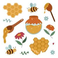 Cute bees and honey illustrations with flowers vector