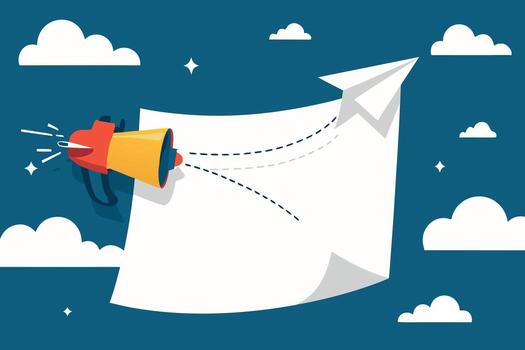 Paper airplane carrying a blank sheet of paper and a megaphone announcing messages against a backdrop of clouds and stars vector