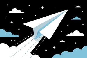 Paper airplane flying through the night sky with clouds and stars representing dreams and aspirations vector