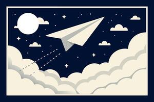 Paper airplane soaring through the night sky among fluffy clouds and stars with a bright full moon overhead symbolizing dreams and aspirations vector
