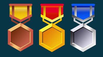 Three hanging medals in bronze, gold, and silver represent full recognition tiers for victory, honoring complete achievement excellence levels video
