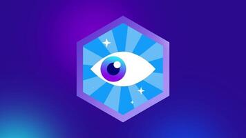 A glowing eye within a blue hexagon symbolizes sharp focus, clarity, and insight in a visually captivating way with sparkles and depth video