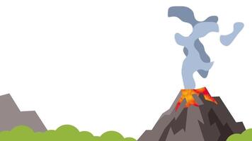 A volcano erupts near a peaceful green valley, contrasting the lush vegetation with violent smoke and lava, a clash of life and geological force video