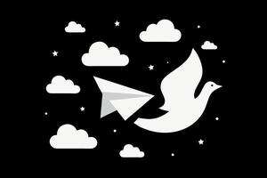 Paper airplane transforms into a dove flying through clouds and stars representing a hopeful journey and freedom vector