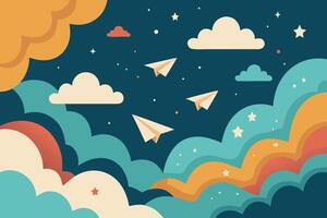 Whimsical Sky Landscape with Paper Airplanes Clouds and Stars Evoking Childhood Dreams Adventure and Imagination vector