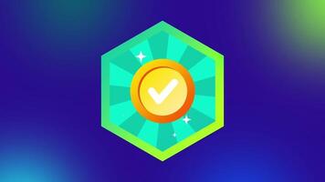 A check mark inside a vibrant hexagonal badge highlights confirmation, completion, and verified success in vivid, secure color tones video