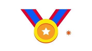 A gold medal suspended by a red and blue ribbon, symbolizing a victorious achievement in a dynamic and colorful style video
