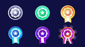 A colorful set of five unique badge icons in varying hues, each representing different levels of achievement and success video