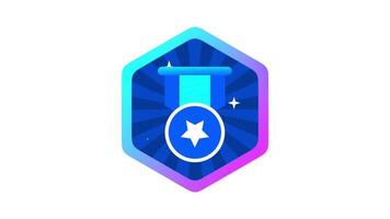 A blue geometric badge with a central plus icon symbolizes organized achievement, digital upgrade, and measured progress in stylized form video