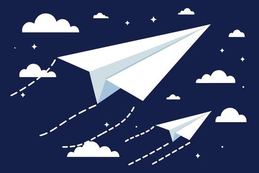 Two white paper airplanes flying through a dark starry sky with clouds and dashed flight trails vector