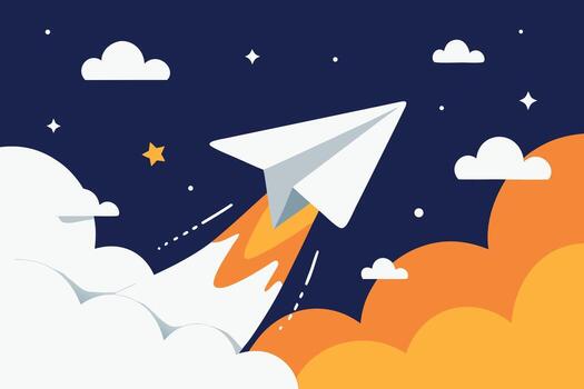 A paper airplane soars through the night sky powered by a fiery rocket leaving a trail of smoke and clouds against a backdrop of stars and a crescent moon symbolizing innovation and adventure vector