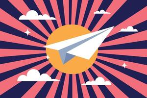 A paper airplane soars through a stylized sky with a sunburst pattern and fluffy clouds representing travel and aspiration vector