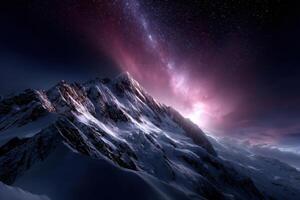 Majestic snow-covered mountains illuminated by a vibrant starry photo