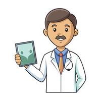 Friendly doctor with a mustache holding a tablet device for consultation purposes vector