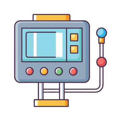 Stylized industrial control panel graphic depicting a machine interface with colorful accents