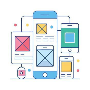 Wireframing process represented with interconnected smart phones and tablet, mobile app development. vector