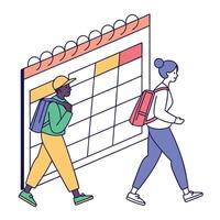 Students heading to school with a large calendar representing time management vector