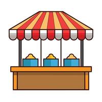 Colorful cartoon market stall with striped canopy and goods on display vector