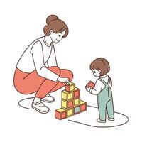 Mother and Child Building a Block Tower Together in Flat Cartoon Style vector