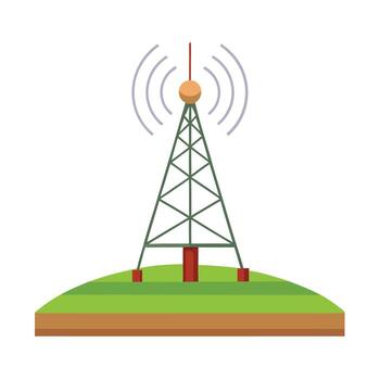Cell tower on a green field transmitting signals in a modern graphic style vector