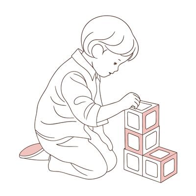 A boy building tower of toy blocks against white background line art
