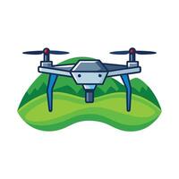 Drone hovering over rolling green hills in a style illustration vector