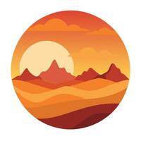 Abstract desert landscape illustration with mountains, sun, and layered sand dunes vector